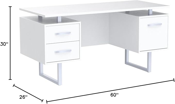Deja 60 White Study Writing Home Office Wall Mounted Laptop Computer Floating Desk Top and Storage Drawers and Metal Stands