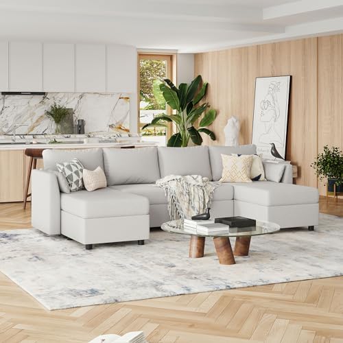 114.17 Modular Sectional Sofa 6 Seat Modular Couch with Storage Memory Foam Convertible Sectional Couches for Living Room U Shaped Comfy Modular Sofa with Chaise Light Grey