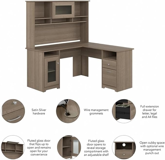 Pemberly Row 60W L Shaped Computer Desk with Hutch Ash Gray Engineered Wood Built-in Wire Management Storage Cabinet File Drawer Fluted Glass Door Home Office Corner Desk