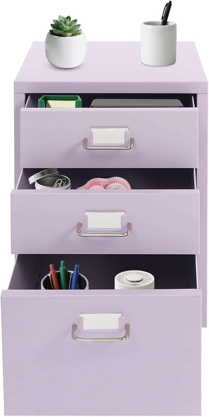 File Cabinet 3 Drawer Filing Cabinet with Wheels Metal Under Desk Storage Cabinet for Home Office Commercial Hanging File Folders Organizer for Letter/A4 Size(Purple)