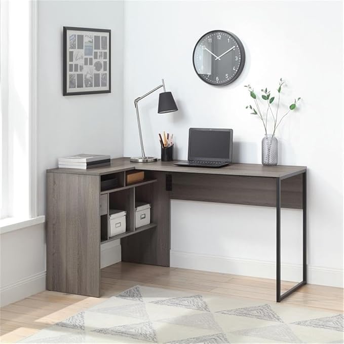 Pemberly Row Modern Lane L-Shape Desk Farm Oak Gray Finish Sturdy Metal Frame 55 W x 35 D x 30 H Accessory Drawer Adjustable Shelf Home Office Desk for Storage and Organization