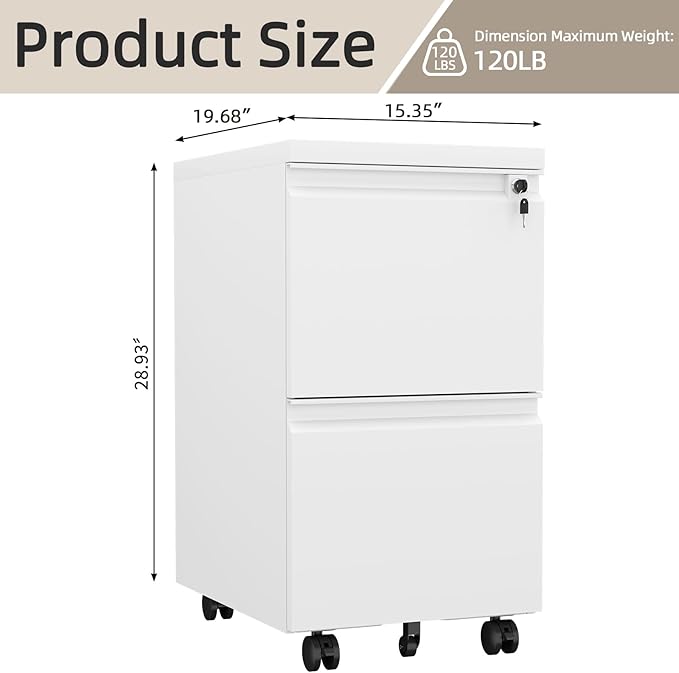 2 Drawer Mobile File Cabinet Office Storage Cabinet with Lock Wheels Metal Vertical File Cabinet for Under The Desk Home Office for Letters/Legal/A4 (White)
