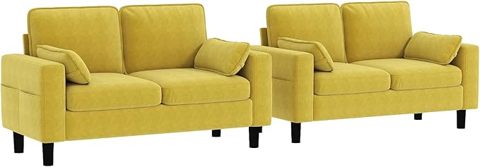 kinbor Small Couches for Small Spaces - Set of 2 Modern Loveseat Sofa with Magazine Pockets &amp Detachable Cover Durable Foam Couch for Living Room Office Salon Mustard Yellow