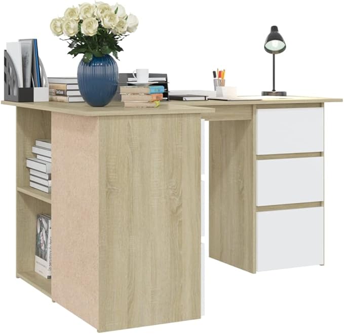 L-Shaped Writing Desk Corner Computer Desk with Drawer and Shelves 57.1in Study Table Workstation for Home Office Multipurpose PC Laptop Table Work Table Office Desk (Oak-White)