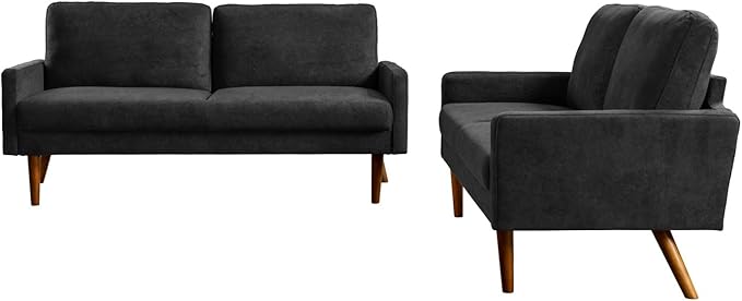Kent 2 Piece Velvet Sofa and Loveseat Set European Style with Modern &amp Vintage Flair Upholstered 5 Seater Couch Chic Living Room Furniture Seating for Home Apartment or Office Black