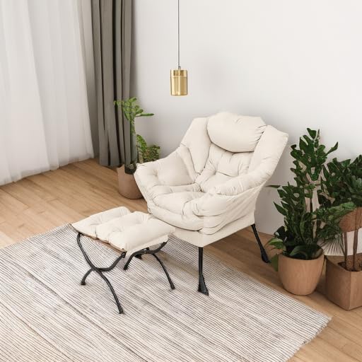 Welnow Lazy Chair with Ottoman Modern Accent Chair with Armrests and a Side Pocket Leisure Sofa Armchair Reading Armchair with Footrest for Small Space Beige