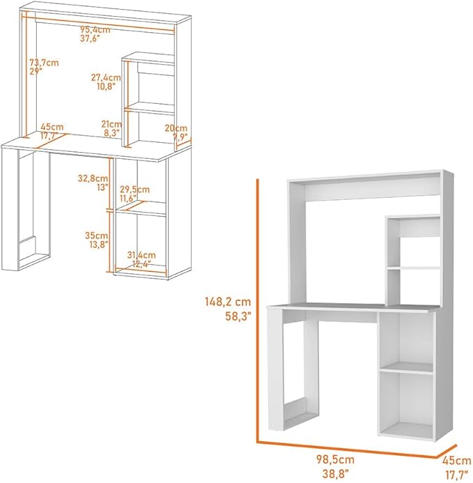 Computer Desk with Hutch and Storage Shelves Functional Desk for Work for Home Office Living Room White