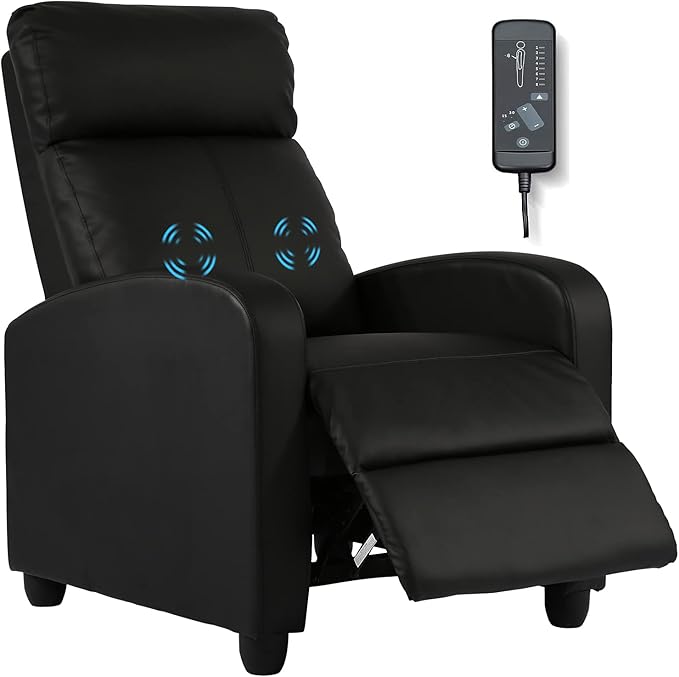 HCY Massage Recliner Chair Padded Wide Seat Sofa Wingback Single Sofa with Footrest PU Leather for Living RoomHome Theater(Black)