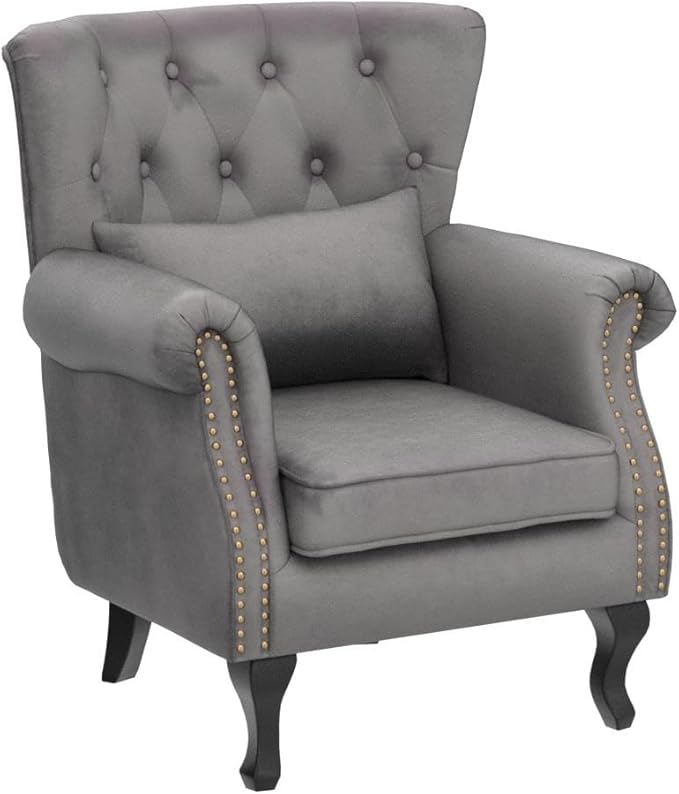 Mid Century Modern Accent Chair Upholstered Armchair Comfy Velvet Fabric Single Sofa with Tufted Wingback for Small Spaces Bedroom Living Room Grey