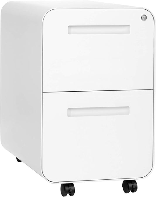 Laura Davidson Furniture Stockpile 2 Drawer Mobile File Cabinet with Lock - Under Desk Metal Filing Cabinet Legal/Letter File Folders Wheels and Stationary Feet Pre-Assembled White
