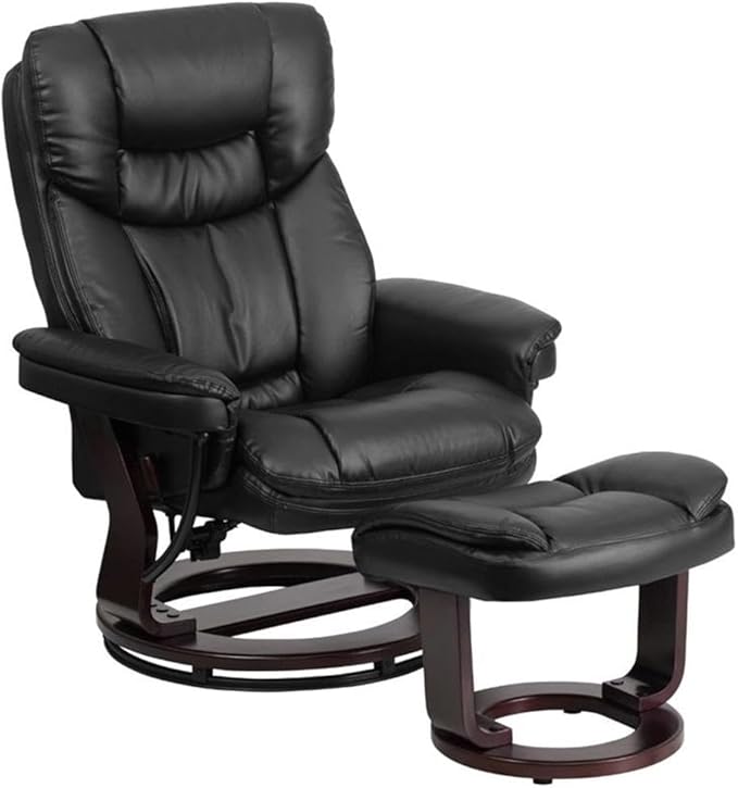 Pemberly Row Leather Swivel Recliner Black LeatherSoft Upholstery Mahogany Wood Base Integrated Headrest Plush Arms Lever Reclining Ball-Bearing Swivel 41.25 in H Living Room Chair