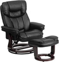 Pemberly Row Leather Swivel Recliner Black LeatherSoft Upholstery Mahogany Wood Base Integrated Headrest Plush Arms Lever Reclining Ball-Bearing Swivel 41.25 in H Living Room Chair