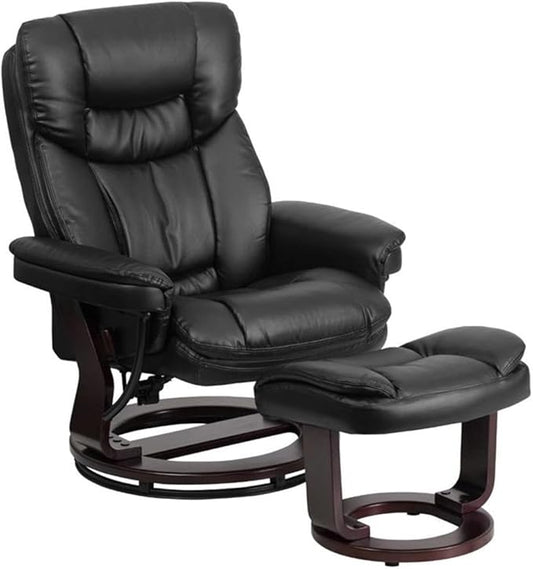Pemberly Row Leather Swivel Recliner Black LeatherSoft Upholstery Mahogany Wood Base Integrated Headrest Plush Arms Lever Reclining Ball-Bearing Swivel 41.25 in H Living Room Chair