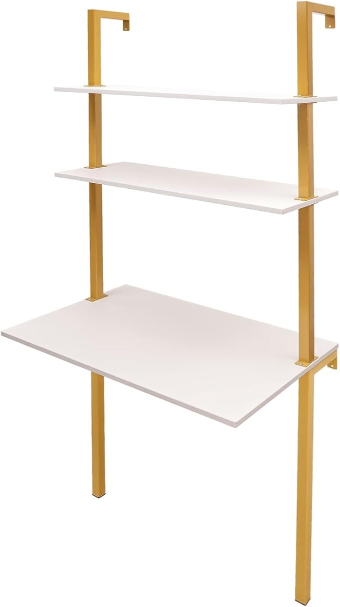3 Tiers Wall Mounted Desk 30 * 20 * 72.8in Industrial Wall Mount Computer Writing Table with Storage Ladder Style Computer Laptop Desk for Home Office Gold&ampWhite
