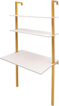 3 Tiers Wall Mounted Desk 30 * 20 * 72.8in Industrial Wall Mount Computer Writing Table with Storage Ladder Style Computer Laptop Desk for Home Office Gold&ampWhite