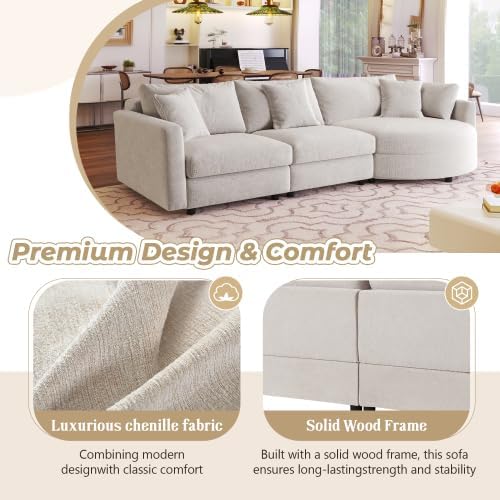 105 Chenille Fabric 3-Piece Sectional Sofa with Curved Chaise and 3 Throw Pillows 3-Seat Upholstered Couch with Solid Pine Wood Frame Perfect for Living Rooms Offices and Apartments (Beige-05)