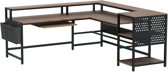 SEDETA L Shaped Computer Desk Reversible Computer Desks L Shaped Desk with Power Outlets &amp LED Strip Monitor Shelf Keyboard Tray Pegboard and Storage Shelves for Home Office Rustic Brown