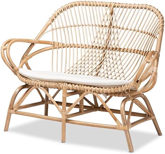 Maykoosh Bohemian Loveseat - White Upholstered &amp Natural Rattan Frame - Modern Living Room Sofa