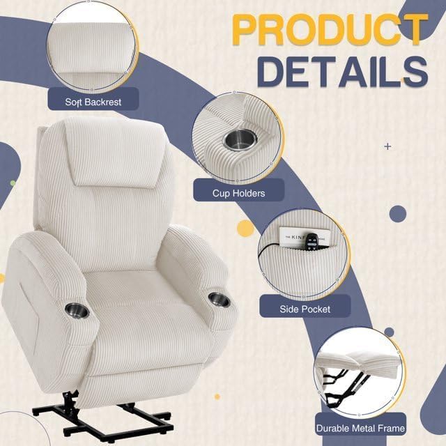 Furmax Electric Power Lift Recliner Chair with Massage for Elderly Corduroy Fabric Recliner Single Sofa with Cup Holders Side Pockets and Remote Control for Living Room Bedroom (White)