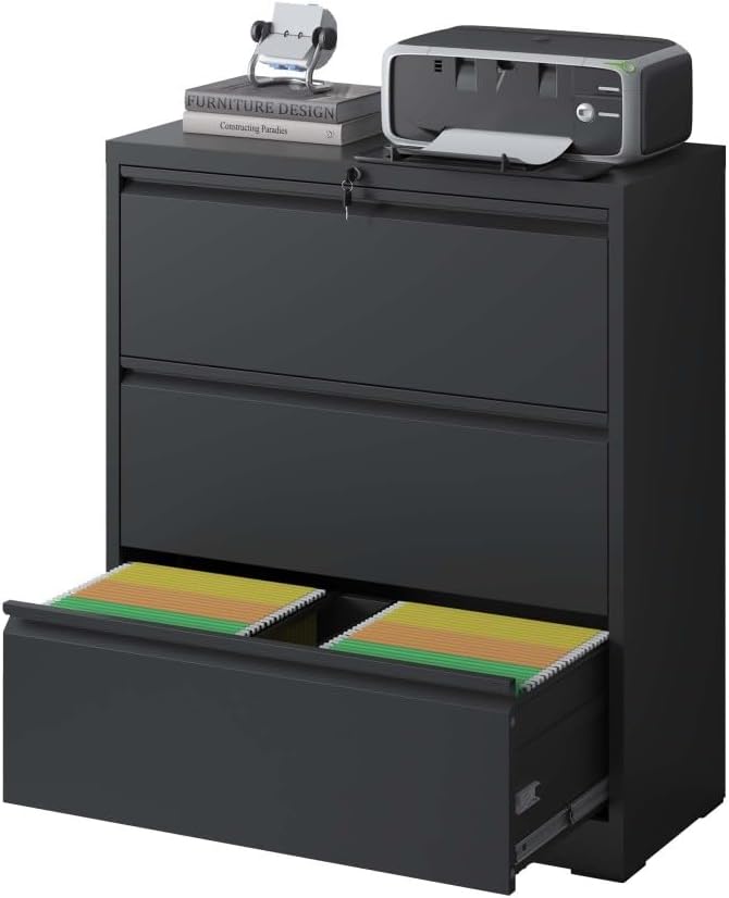 Lateral File Cabinet with Lock – Heavy-Duty Metal Filing Cabinet for Home Office Space-Saving Wide Storage for Letter/Legal/A4/F4 Silent Full-Extension Slides Easy-Assembly (Black + Modern)