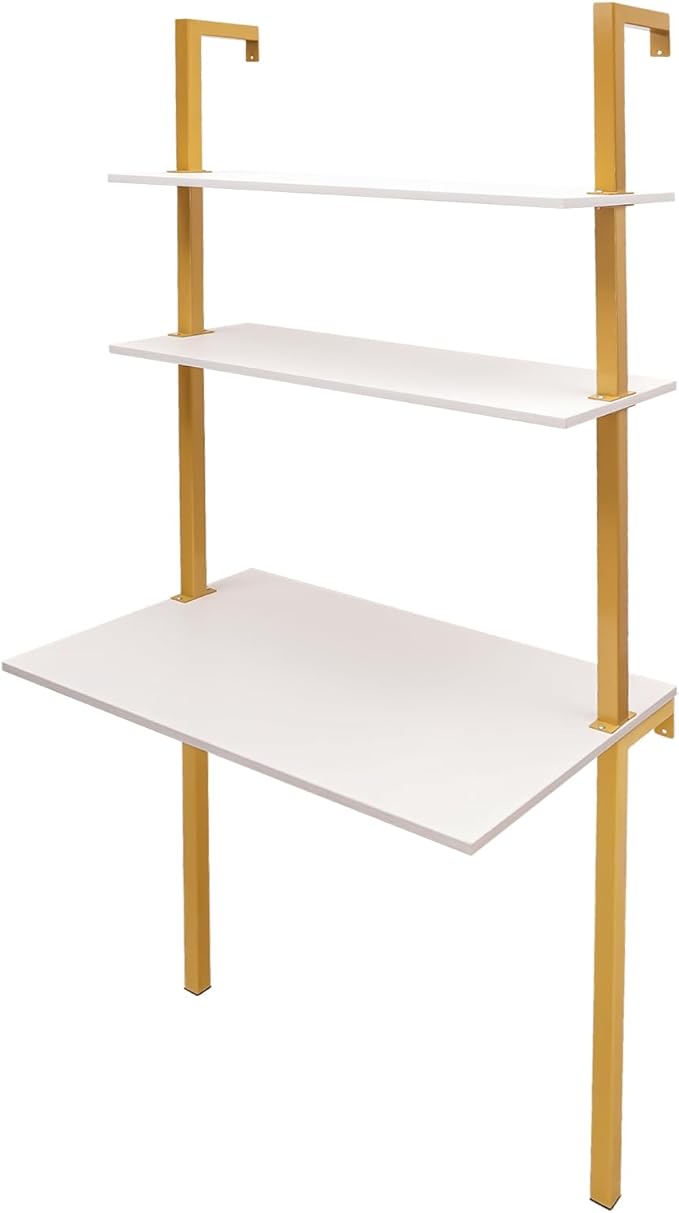 Wall Mounted Desk Computer Writing Table Wall Mount Ladder Small Computer Desktop 3Tier Computer Desk Storage Desk Cabinet with Power Strip for Home Office Student Dormitories (Gold White)