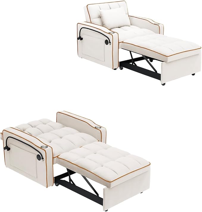 3 in 1 Convertible Sleeper Chair Modern Pull Out Couch Bed Single Recliner with Adjustable Back Velvet Futon Folding Sofa Bed Chair for Living Room Bedroom Small Spaces (Creamy White-2)