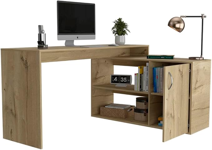 Modern L-Shaped Computer Desk Home Office Desk with Open &amp Closed StorageLight Oak for Home Office