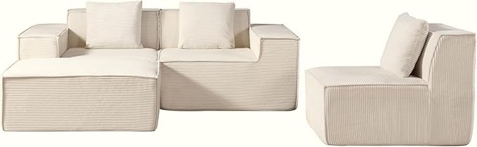 Harper Convertible Corduroy Sectional Couch with Ottoman &amp Pillows Modular L Shaped Sleeper Sofa Boneless Cloud Couch for Living Room Furniture Beige