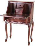 BOWERY HILL Small Secretary Desk 43 H x 14 W x 27 D Hardwood Dual Walnut Finish Traditional Style Hand-Carved Design Queen Anne Legs Eco-Friendly Office Desk with Storage for Home or