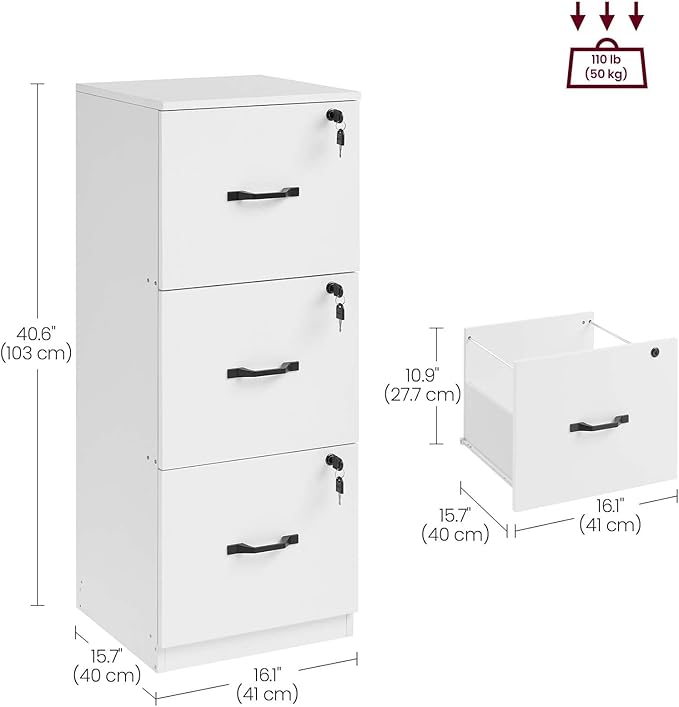 VASAGLE 3-Drawer Vertical File Cabinet Filing Cabinet for Home Office Printer Stand with 3 Lockable Drawers Adjustable Hanging Rail for A4 and Letter-Size Files Cloud White UOFC055W14