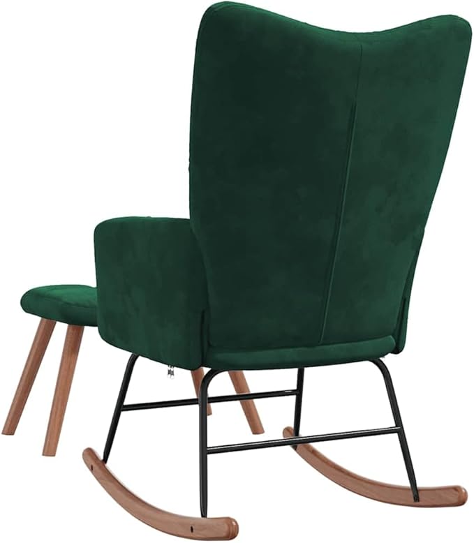 vidaXL Velvet Rocking Chair Set with Stool Dark Green- Modern Design Lounge Seating Furniture with Steel Frame &amp Wooden Rails