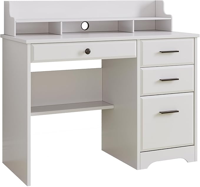 4 EVER WINNER White Desk with Drawers Small Desk with File Drawer for Small Spaces Writing Desk with Monitor Stand Wood Table for Study Home Office White