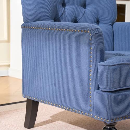 Tufted Club Chair Accent Chair with Lumbar Pillow Upholstered Button Armchair Linen Fabric Sofa Chairs for Bedroom Living Room Mid Century Modern with Studded Reading Chair Blue