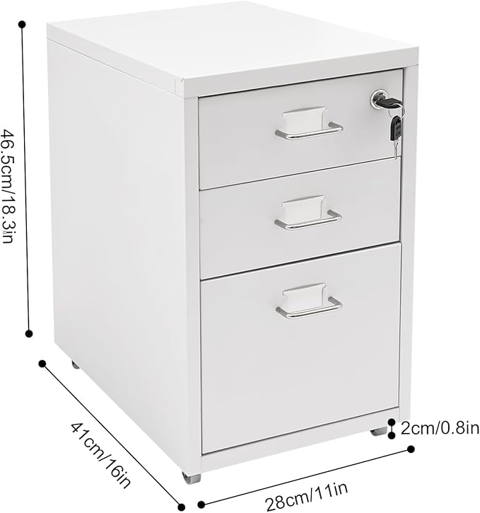 3-Tier Vertical File Cabinet Metal Mobile File Cabinet with Lock+Wheels Lockable Filing Cabinet with 2 Keys Rolling File Cabinets with Lock for Home Office (White)