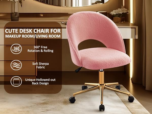 Furniliving Vanity Desk Chair with Wheels Cute Office Chair with Back for Girls Rolling Upholstered Armless Desk Chair with Gold Metal for Living Room Makeup Room Bedroom Pink-Sherpa