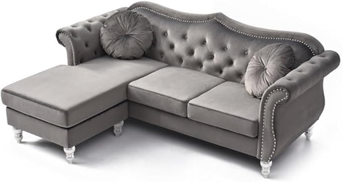 MAKLAINE Modern Velvet Sofa Chaise 81 W x 35 D x 34 H Dark Gray Finish Tufted Back and Arms Hardwood Frame Turned Wood Feet Includes 2 Matching Pillows Living Room Seating for Up to 4