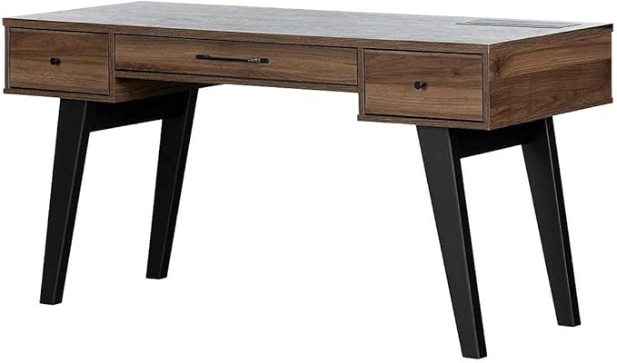 Pemberly Row Computer Desk with Power Bar Natural Walnut Finish Melamine Top Scratch and Water Resistant Scandinavian Style Home Office Desk with Deep Drawers and USB Outlets