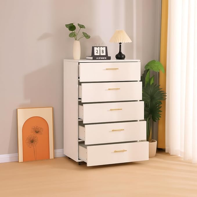 Vertical File Cabinet 5 Drawer Mobile File Cabinet Under Desk Wooden Filing Cabinet Storage Organization Filing Cabinet with Wheels for Home Office (Z-White)