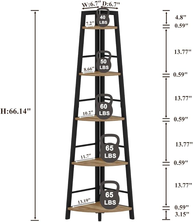 BON AUGURE Industrial Home Office Desks Rustic Wood Computer Desk Corner Ladder Shelf 5 Tier Metal Wood Corner Bookshelf Tall Corner Shelf Plant Stand for Living Room