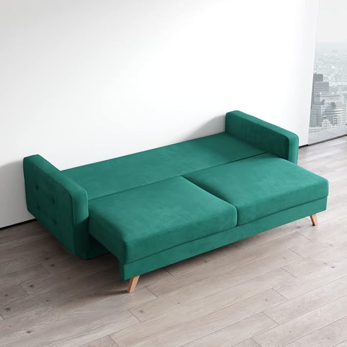 Meble Furniture Modern Mid-Century Sleeper Sofa — Queen Size Convertible Bed — Spacious Under-Seat Storage 85.5 x 36.5 x 34.5 inches — Dark Green | Versatile Sleeper Durable Hardwood Comfortable Pl