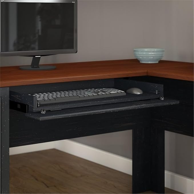 Bush Home Fairview 60W L Shaped Desk with Drawers and Storage Cabinet in Antique Black and Hansen Cherry