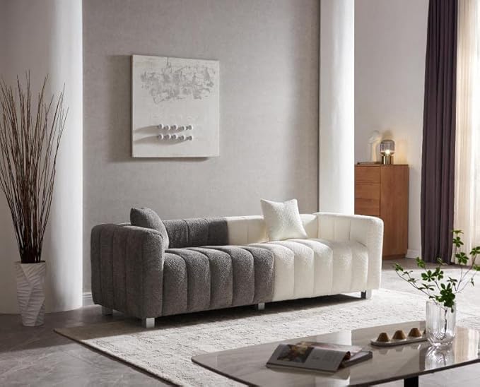 87.4 Modern 3 Seater Sofa Couch for Living Room Mid Century Fluffy Couches with Solid Wood Frame and 6 Legs for Bedroom Apartment Weight Capacity 750 LBS… (Gray &amp White)