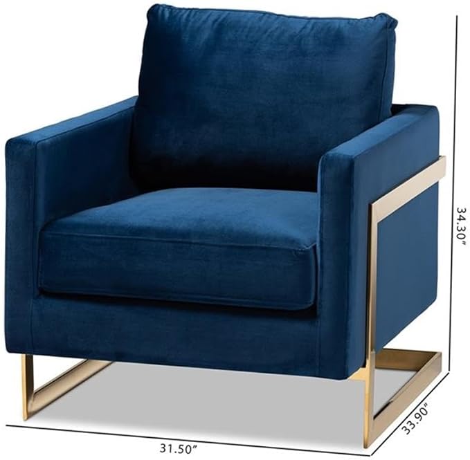 BOWERY HILL Velvet Accent Chair Royal Blue Upholstery Gold-Tone Stainless Steel Frame 34.3 H x 31.5 W x 33.9 D Removable Cushions Glam Modern Style Armchair for Living Room or Lounge Use