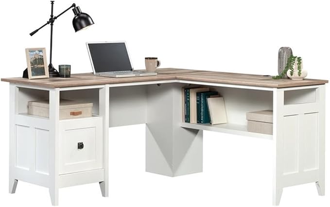 Pemberly Row L-Shaped Engineered Wood Computer Desk Glacier White Finish File Drawer Grommet Holes Cord Management Lower Shelf Modern Farmhouse Home Office Desk