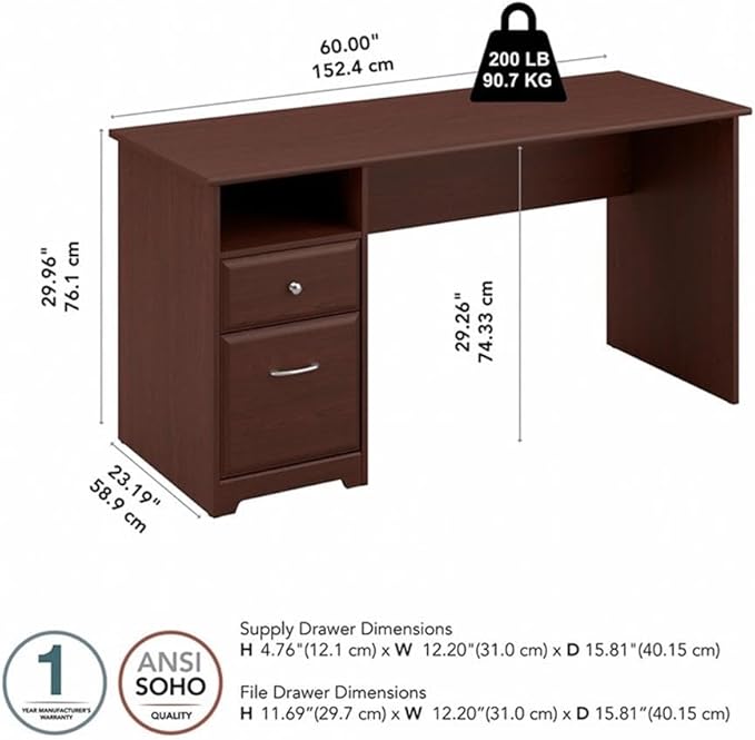 Bush Home Cabot 60W Computer Desk with Drawers in Harvest Cherry Workstation and File Storage Desktop with Organization Solution for Home Office