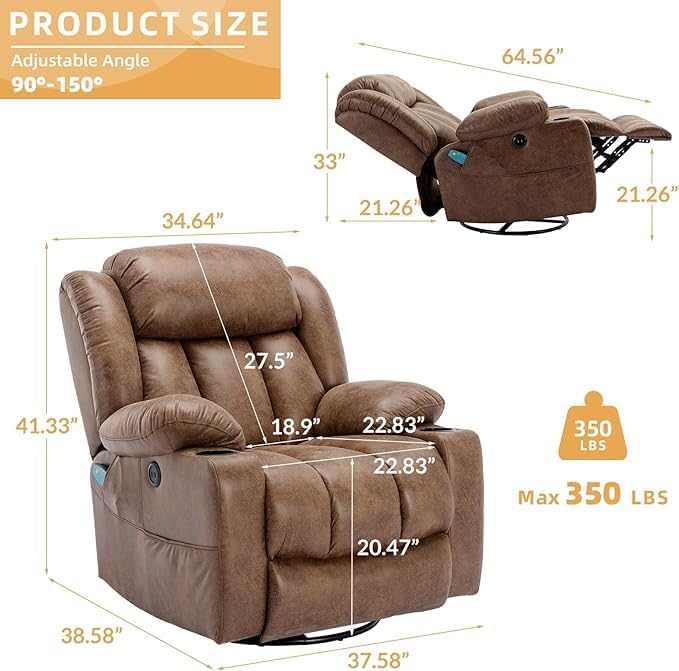 360° Swivel Glider Rocking Recliner Chair Overstuffed Manual Massage Recliner with Heat and Vibration Single Modern Sofa Home Theater Seating for Living Room USB Port/Cup Holders (Brown)