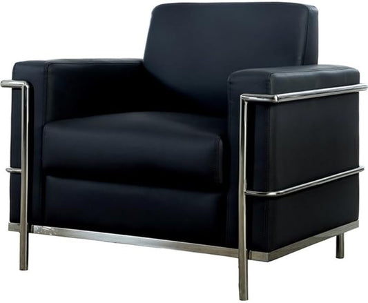 Pemberly Row Contemporary Faux Leather Accent Chair 36 Wide Stainless Steel Frame Black Upholstery and Chrome Finish Modern Living Room Seating Durable 400 lbs Capacity