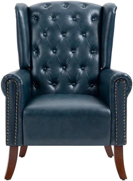 Faux Leather Accent Chair Mid-Century Armchair Upholstered Club Sofa Chair with Wooden Legs High Back Living Room Chair for Bedroom Office Lounge (Blue)