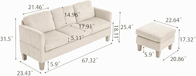 KEIKI 67 L-Shaped Sofa with Soft Padded Corduroy – Apartment-Friendly Sectional Couch with Memory Foam Compact Layout for Small Spaces Modern Style for Studios &amp Condos