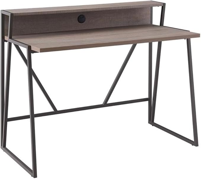 Pemberly Row Writing Desk 44 L x 23.75 W x 36.25 H HPL Worksurface Roughsawn Oak and Gunmetal Finish MDF Shelf with Cable Management Contemporary Style Home Office Desk with Upper Storage
